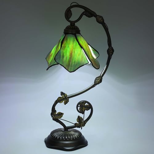 Stained Glass Table Lamp, Green Flower Style Metal Leaf Base Desk Reading Light, Adjustable 3 Color Temperature Decor for Bedroom Home Office