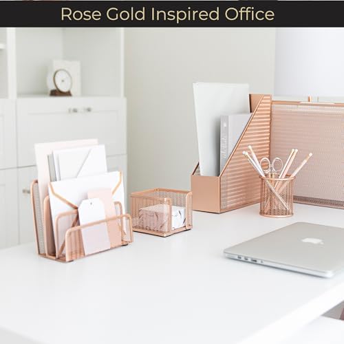 BLU MONACO Rose Gold Metal Mesh Letter Sorter | 3-Slot Vertical Mail Organizer for Desk, Office and Home | Compact Mail Holder for Envelopes, Documents and Files | Modern Desktop Organizer