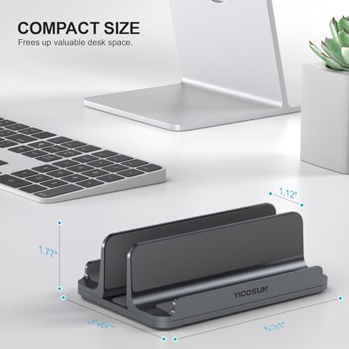 YICOSUN 3-Slot Aluminum Vertical Laptop Stand for Desk - Adjustable Width Dock for MacBook, Surface, Samsung, HP, Dell up to 17.3 inches - Space-Saving & Protective Design - Gray