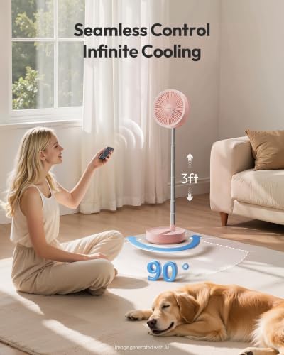 Gaiatop Portable Pedestal Fan 16000mAh Battery [Max 74h Runtime], Foldable Oscillating Standing Fan, Collapsible Desk Fans, LED Light, Case & Remote Control, 4 Speeds for Outdoor Travel Camping (Pink)