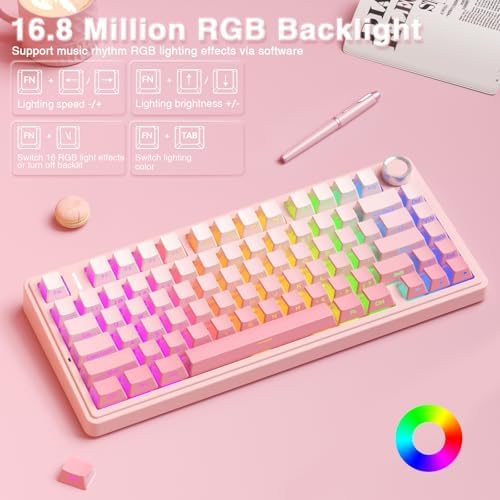 AULA F75 Pro Wireless Mechanical Keyboard Silent Version,75% Hot Swappable Custom Keyboard with Knob,RGB Backlit,Pre-lubed Switches,Side Printed PBT Keycaps,2.4GHz/USB-C/BT5.0 PC Gaming Keyboards,Pink