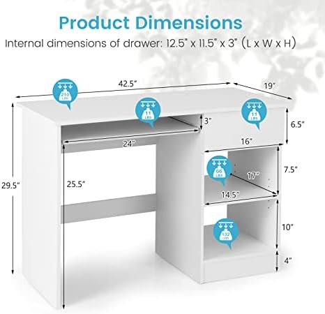 Computer Desk with Keyboard Tray and Drawer, Home Office Desk with Adjustable Shelves & Cable Hole, Modern Vanity Table for Bedroom, Teens Gaming Desk, Writing Study Workstation (White)