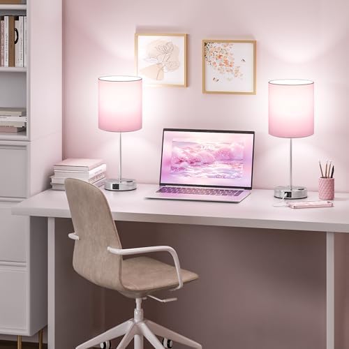 17.6" Pink Touch Lamps for Bedroom Set of 2 - Dimmable, USB C+A, AC Outlet