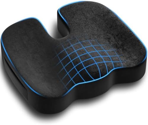 Seat Cushion for Office Chair, Ergonomic Memory Foam Seat Cushion for Long Sitting and Driving, Tailbone Relief Cushion for Office Chairs and Car Seats, Non-Slip Bottom, Washable Cover, Black