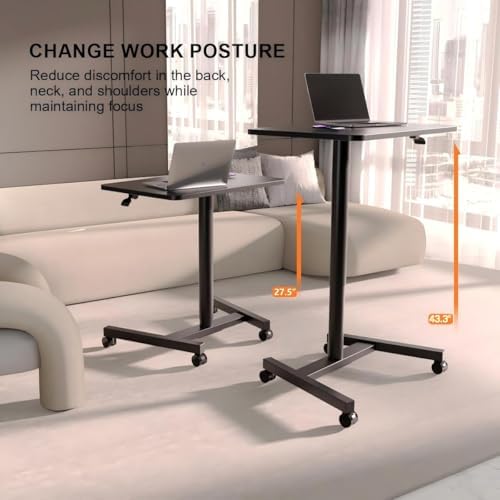 28-Inch Mobile Standing Desk, Adjustable Computer Desk, Portable Standing Desk with Lockable Wheels, Rolling Table for Home Office Classroom Hospital (Jet - Black)