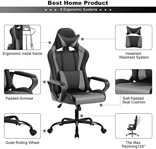 High Back Gaming Chair PC Computer Chair Office Chair for Adult Teen Kids, Ergonomic PU Leather Game Chair w/Lumbar Support Headrest Adjustable Rolling Swivel Desk Chair, Grey