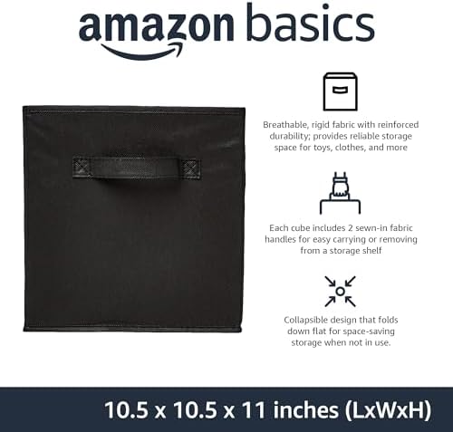 Amazon Basics Collapsible Fabric Storage Bins Organizer with Handles, Sturdy, Foldable, 10.5" x 10.5" x 11", Black, 6 Count (Pack of 5)