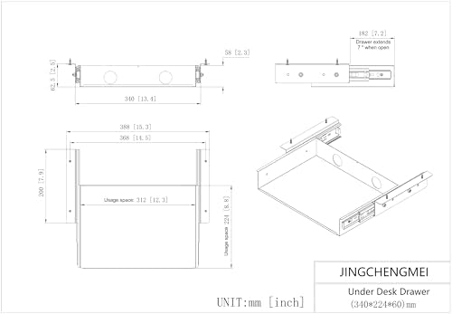 13 inch Under Desk Slide Out Storage Shelf with Cable Managment
