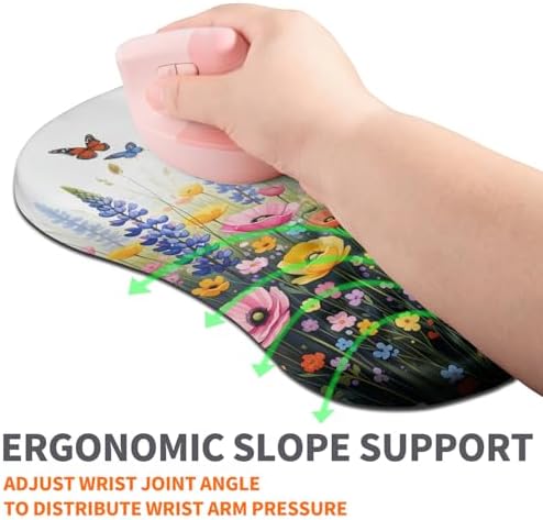 Ergonomic Joint Wrist Support Mouse Pad with Memory Foam Cushion Massage Bump, Carpal Tunnel Pain Relief Mousepad Slope Design for Wrist Rest, 11.8x7.9 in, Wild Flower