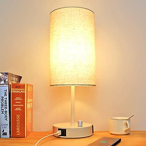LTBLIGHT Table Lamp 3-Way Dimmable with USB+Outlet White Base Fabric Shade