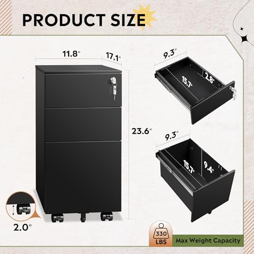 DEVAISE 3 Drawer Mobile File Cabinet, Fully Assembled Metal Filing Cabinet