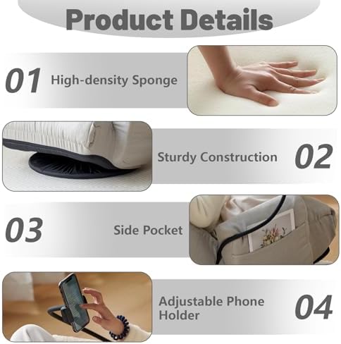 360° Swivel Gaming Floor Chair, 5 Position Adjustable Folding Sofa Chair with Armrests & Phone Holder, Cushion Padded Indoor Chaise Lounge for Adults, Home Office Floor Leisure Chairs, Grey