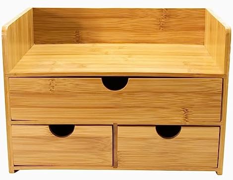 Sorbus Bamboo Desk Organizer - 3-Tier 100% Bamboo Desktop Organizers – Mini Bamboo Desk Drawer Tabletop Storage Box Countertop Organization 3 Drawers & Shelf - Office, Makeup Vanity, Fully Assembled