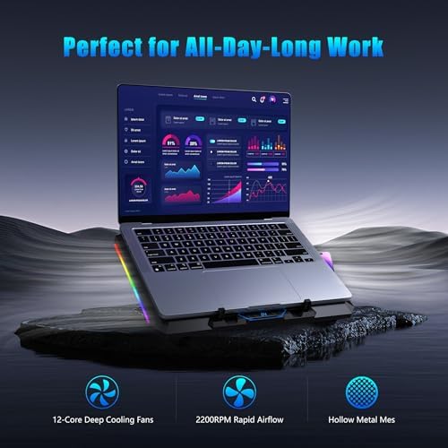 Laptop Cooling Pad with 12 Quiet Fans, Slim Portable for 12-17.3 Inch Laptop Cooler Stand, RGB Lighting, with 5 Height Adjustable, Gaming Cooling Fan Pad,Two USB Ports, Phone Holder (LCD)