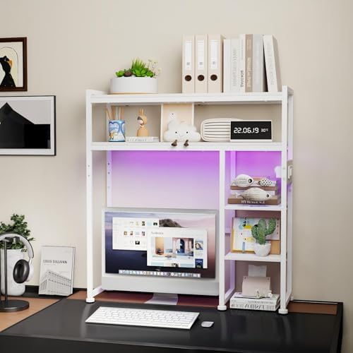 Aetheris Desktop Organizer Shelf, 30" Wooden Office Storage Rack with Outlets, Display Shelf Rack with Light Strip, 5 Tier Desktop Display Rac, Desk Shelf, Desk Hutch for Computer Monitor (White)