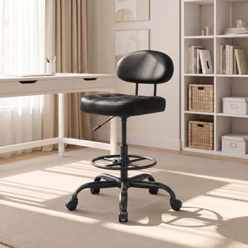 Armless Drafting Chair with Back, Tall Office Chair for Standing Desk, PU Faux Leather,Footrest Ring,Adjustable Height,360°Wheels for Bar Home Office