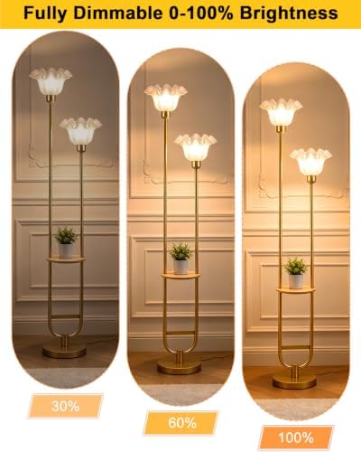 Flower Floor Lamps with Table, 2-Lights Dimmable Floral Floor Lamp, 3000K Warmwhite Modern Floor Lamp, Vintage Gold Standing Lamp with 5Lbs Heavy Base for Living Room Bedroom Girls Room