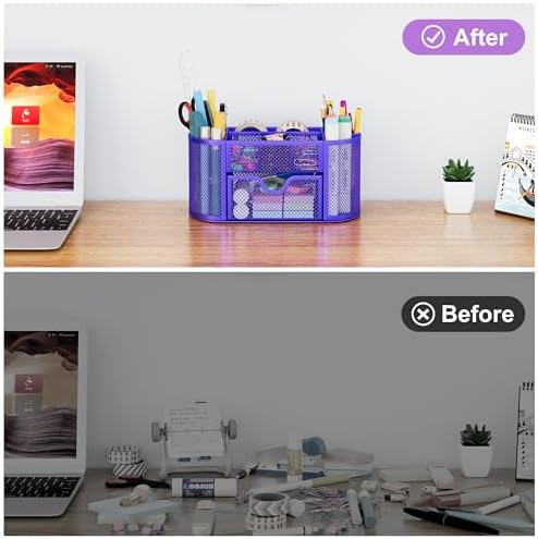 EasyPAG Mesh Pen Holder Desk Organizer with Drawer Stationery Supplies Organizer for Dorm School 9 Compartments Workspace Desk Accessories Organization for Office, Purple