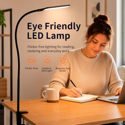 Long Gooseneck LED Clamp Desk Lamp, Eye-Caring Reading Light