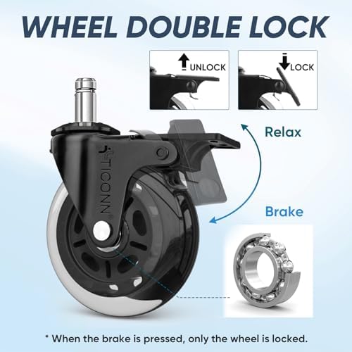TICONN Office Chair Wheels, 3" Caster Wheels for Tile Carpets, Set of 5