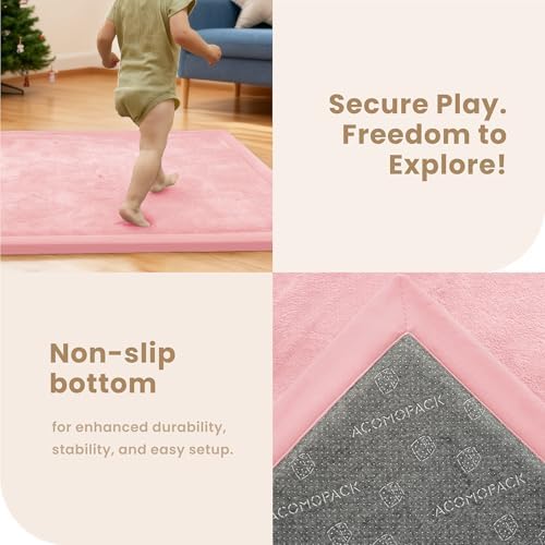 ACOMOPACK Baby Play Mat for Floor,1.3" Thick Elasti-Foam 59"×71" Non-Slip Water Repellent,Non-Toxic Playpen Mat for Infants Toddlers Kids, Ultra Soft Coral Velvet for Tummy Time Crawling（Pink）