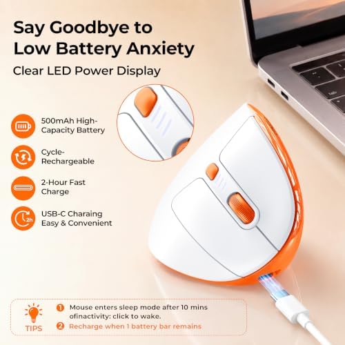 Uineer Ergonomic Vertical Mouse, Tri-Mode Wireless, Rechargeable, 4 DPI