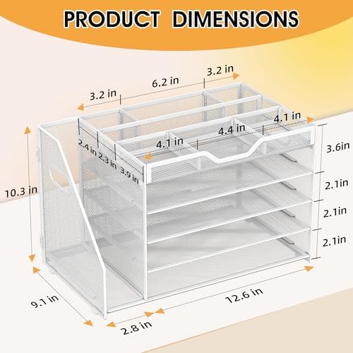 5 Tier Paper Letter Tray Desk Organizer with Pen Holders - White