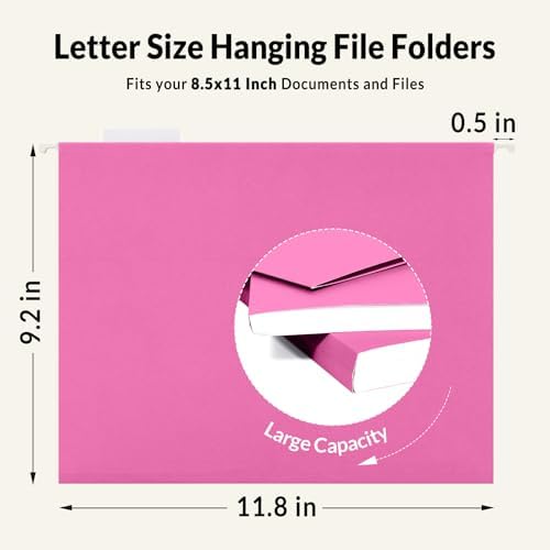 SUNEE Hanging File Folders, 25 Pack Letter Size Hanging File Folders with 1/5-Cut Tabs, Ideal for Home and Office Organization and Papers Classification, Bright Neon Pink