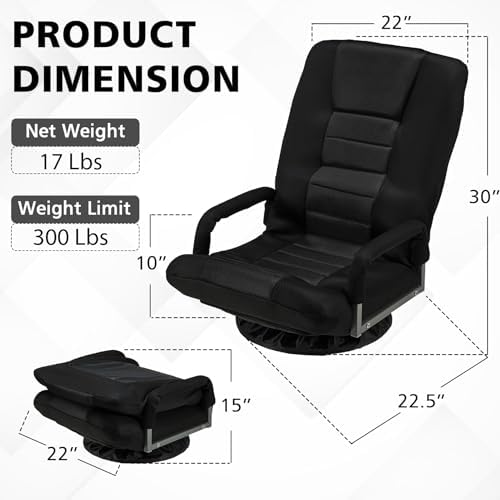 Swivel Gaming Chair Multipurpose Floor Gaming Chair for Gaming, TV, Reading w/6 Adjustable Postion Backrest, Armrest Lumbar Support & for Adults, Black