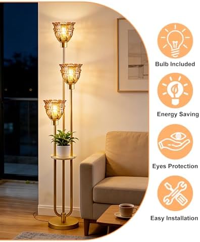 Lightdot Glass Floor Lamp with Shelf Amber Glass Flower Gold Floor Lamps