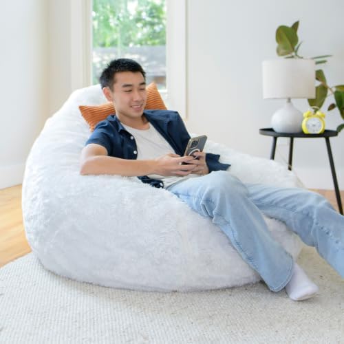 Big Large Teardrop Foam Filled Bean Bag Chair with Removable Cover, Ivory Short Shag, 4 feet Big