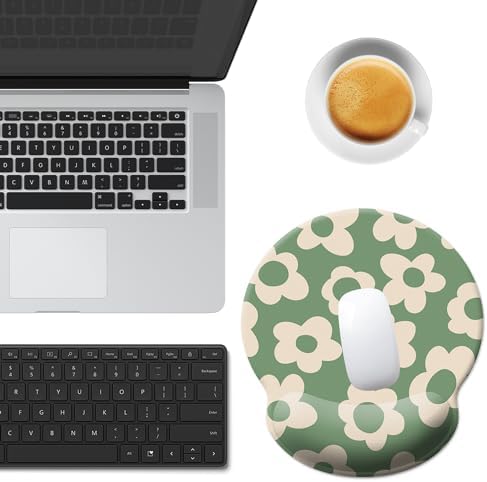 Green Mouse Pad Wrist Support,Ergonomic Mouse Pad with Wrist Rest,Comfortable Mousepad with Smooth Wrist Rest,Pain Relief Mouse Pads for Non-Slip Base,Computer,Laptop,Office(Vintage Groovy Flowers)