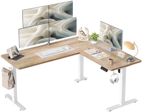 TIQLAB L Shaped Standing Desk Adjustable Height, Reversible Electric Corner Standing Desk, 63 x 55 inch Sit Stand Computer Table with Splice Board, Maple