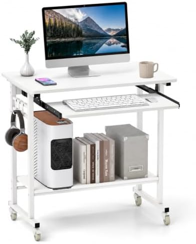 Rolling Desk with Keyboard Tray, Small Computer Desk with Wheels (White)