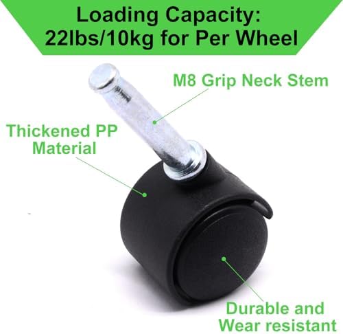 1 Inch Stem Swivel Casters Set of 4, M8 Grip Neck Stem Swivel Caster Wheels, 360° Rotation Heavy Duty Replacement Castors for Furniture Table Drawer Cabinet Plant Shelf Chair Wheels (Black)