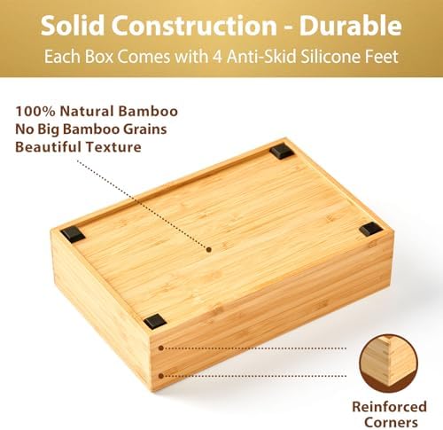 Umilife Bamboo Kitchen Drawer Organizer, Extra High Silverware Tray, Flatware Cutlery Storage Box, Multi-Use Holder in Office, Bathroom, Pantry - 9"x6"x2.5" (Set of 2)