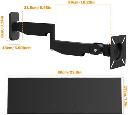 Adjustable Wall-Mounted Keyboard Tray with Spring Arm, Ergonomic 23.6" Aluminum Workstation, 180° Swivel & 90° Tilt, Cable Management, Space-Saving Wall Mount Desk Space Saver，A