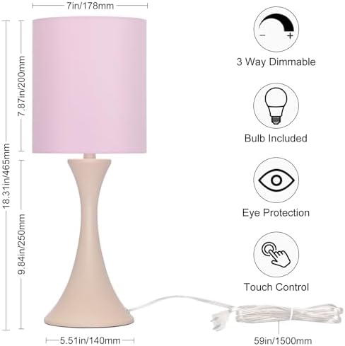 Touch Table Lamp, 3 Way Touch Control Desk Lamp, Small Pink Bedside Lamp