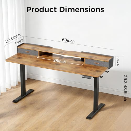 Electric Standing Desk with Drawers, 63 Inch Height Adjustable Desk with Power Outlets & LED Lights, Sit Stand Table with Monitor Stand for Home, Office, Brown
