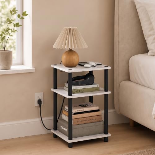 Furinno Just 3-Tier Night Stand with Charging Station, Light Marble