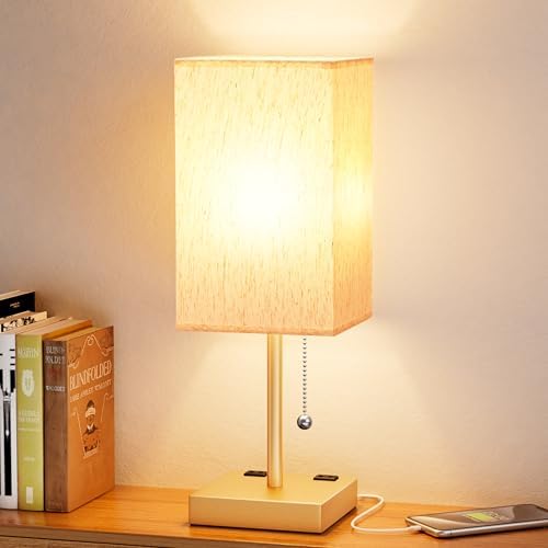 Gold Bedside Lamp for Bedroom - 3 Color Temperatures, USB A+C, 2 AC Outlets