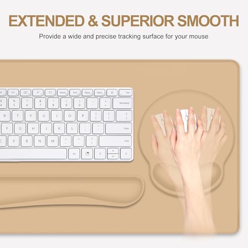 4 PCS Mouse Pad Desk Mat Protector, Keyboard Wrist Rest + Comfortable Mouse Pad Wrist Rest +Coaster, Large Gaming Mousepad for Computer Laptop, 35.4"X 15.7" Deskpad for Office Home I Sand Color