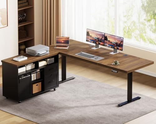 OffiGo 71 Inch Executive L-Shaped Electric Standing Desk, Walnut & Black
