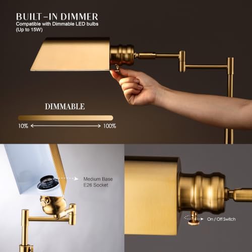 O’Bright Arcadia - Pharmacy Floor Lamp, Full Range Dimming, Swing Arm Task Lamp, E26 Socket, Bulb Replaceable, Adjustable Height 47” to 55”, 360° Rotatable Shade, All-Metal Design, Antique Brass