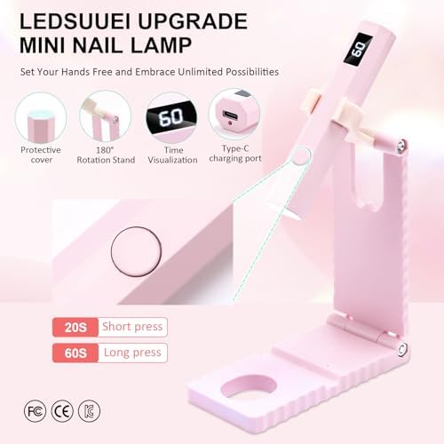Cordless Mini Nail Lamp LEDSUUEI【Skin-Safe Curing】Portable Handheld UV Light for Gel Nails Rechargeable, Fast Flash Cure LED Nail Dryer for Polish, Nail Strips Salon Home Travel with Stand, Pink
