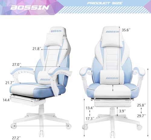 BOSSIN Gaming Chair with Massage, Ergonomic Heavy Duty Design with Footrest and Lumbar Support, Large Size Cushion High Back Office Chair, Big and Tall Gaming Computer Chair for Kids（White and Blue）