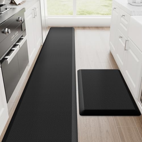 StepRite 1-Inch Kitchen Mats for Floor, 2-Piece Anti-Fatigue Rugs, Black