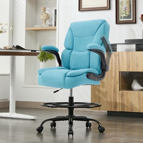 500LBS Drafting Chair, High Back Safer Standing Desk Chair, Executive Tall Office Chair with Flip-up Armrests, Upholstered Fabric Task Chair, Ergonomic Seat with Adjustable Height&Foot Ring, Blue