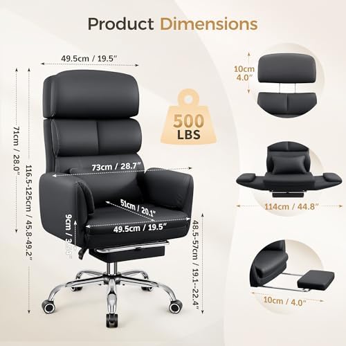 Big and Tall Office Chair 500LBS, Ergonomic High Back Leather Executive Chair, Reclining Swivel with Adjustable Armrests Lumbar Support Footrest, Criss Cross Legged, Black