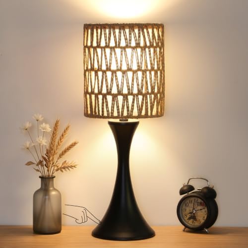 Rattan Table Lamp, 3 Way Touch Control Bedside Lamp with Dual-Layer Shade